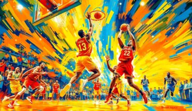 An abstract expressionist painting in vibrant neon colors, with sweeping brushstrokes conveying the fast-paced action and competitive spirit of a professional basketball game.