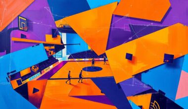 A fragmented, cubist-style painting featuring sharp, overlapping geometric shapes in bright orange, deep purple, and electric blue, conceptually representing the dynamic action of a basketball game.