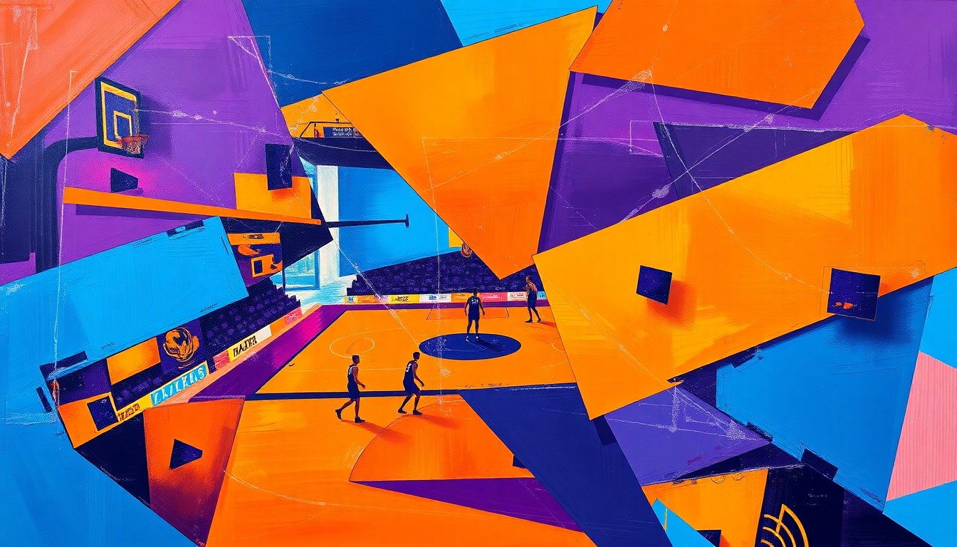 A fragmented, cubist-style painting featuring sharp, overlapping geometric shapes in bright orange, deep purple, and electric blue, conceptually representing the dynamic action of a basketball game.