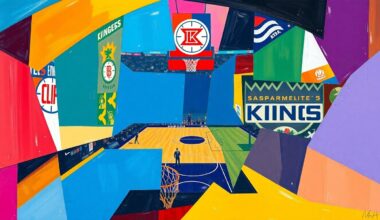 A cubist, geometric painting depicting a basketball game between the Los Angeles Clippers and Sacramento Kings, with the players and court broken down into overlapping planes of color and shape.