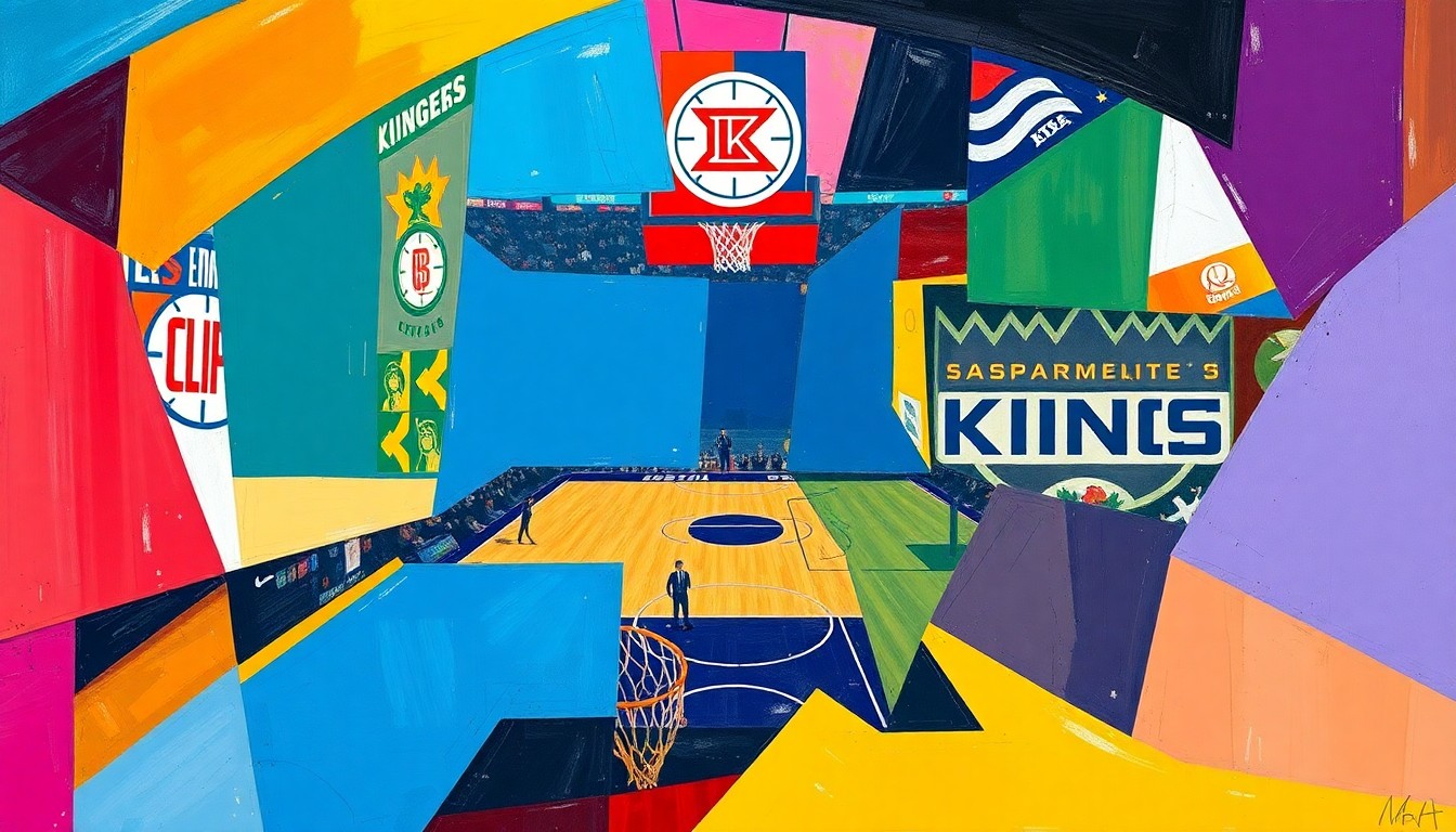 A cubist, geometric painting depicting a basketball game between the Los Angeles Clippers and Sacramento Kings, with the players and court broken down into overlapping planes of color and shape.