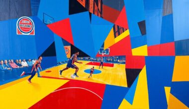 A fractured, cubist-style painting depicting the action and energy of a basketball game, with players and the court broken down into sharp, overlapping geometric shapes and planes in a vibrant color palette.