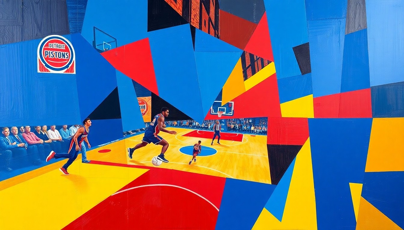 A fractured, cubist-style painting depicting the action and energy of a basketball game, with players and the court broken down into sharp, overlapping geometric shapes and planes in a vibrant color palette.