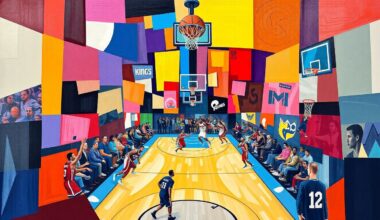 A dynamic, fragmented painting featuring overlapping geometric shapes and planes in the colors of the Pelicans and Kings uniforms, capturing the energy and movement of a basketball game.