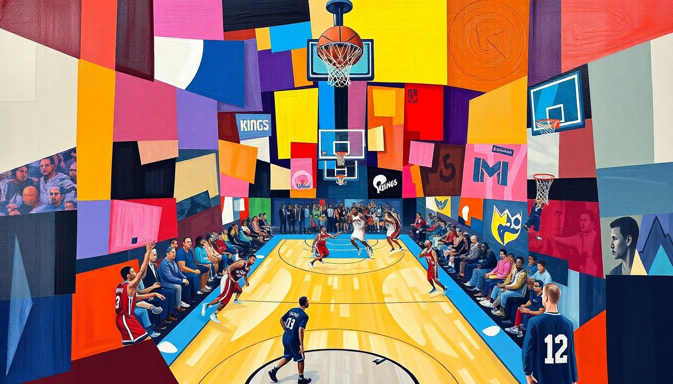 A dynamic, fragmented painting featuring overlapping geometric shapes and planes in the colors of the Pelicans and Kings uniforms, capturing the energy and movement of a basketball game.