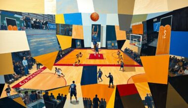 A cubist-style painting depicting a basketball game, with players and the court broken down into sharp, overlapping geometric shapes and planes in a vibrant color palette, conveying the intensity and action of the match.