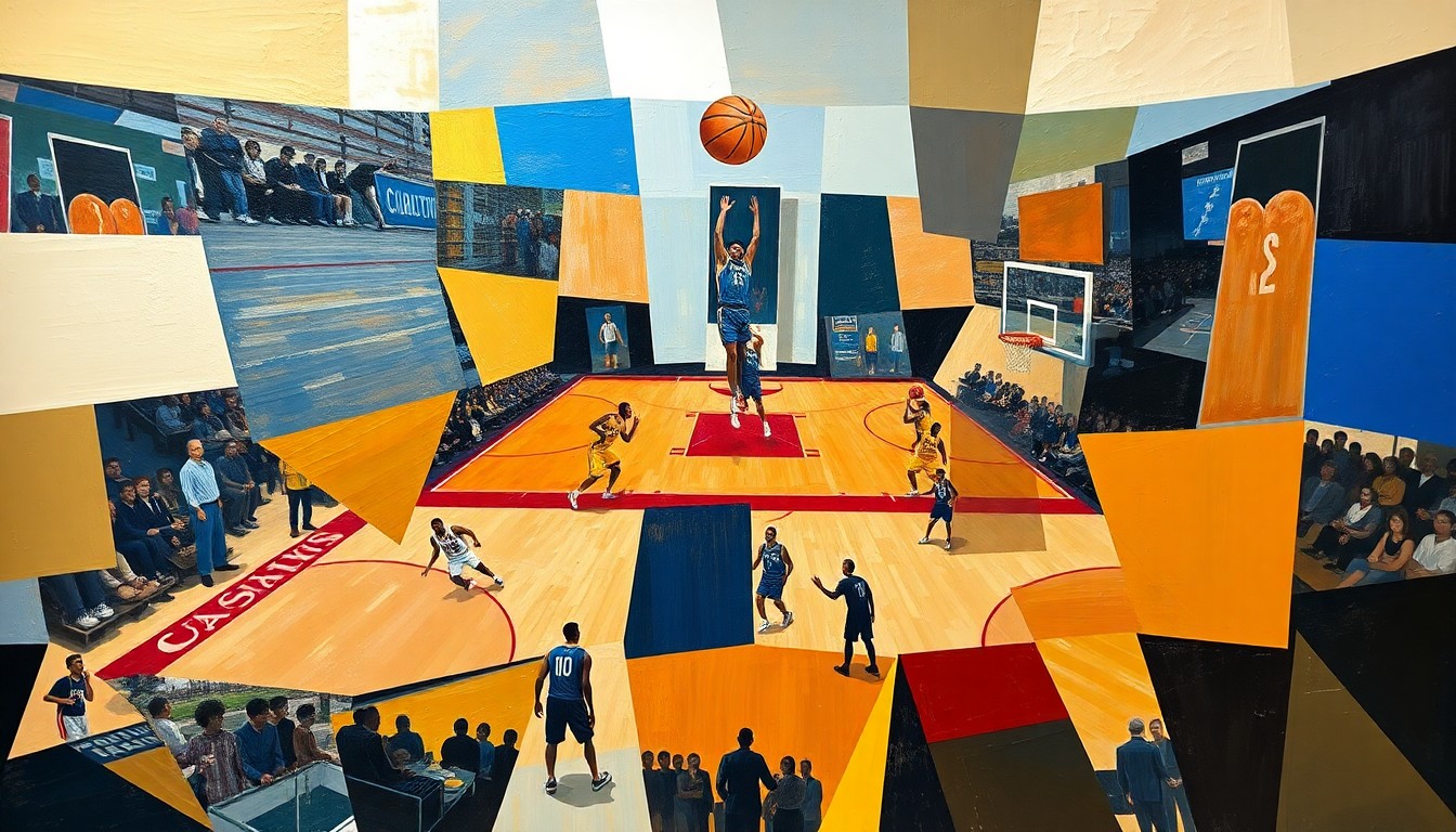 A cubist-style painting depicting a basketball game, with players and the court broken down into sharp, overlapping geometric shapes and planes in a vibrant color palette, conveying the intensity and action of the match.
