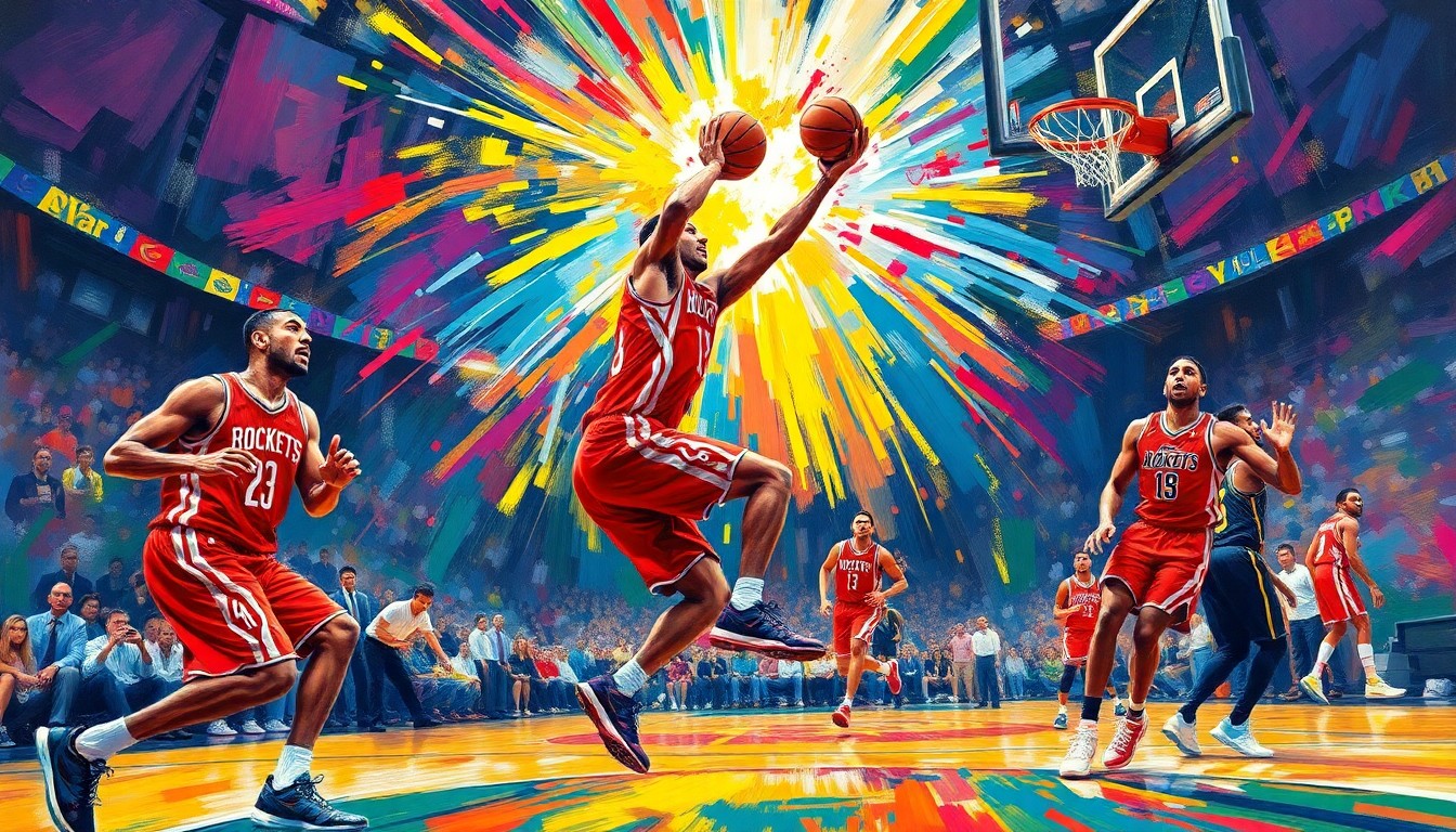 An abstract, energetic painting with bold, neon-colored brushstrokes capturing the intensity and motion of an NBA basketball game, representing the Rockets
