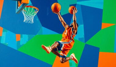 A cubist, geometric painting depicting the explosive motion of a basketball player driving to the hoop, with sharp planes of color and overlapping perspectives conveying the raw energy of the moment.