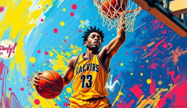 An abstract, expressionist painting in neon colors depicting the explosive energy and scoring prowess of a young basketball player driving to the hoop, with the player