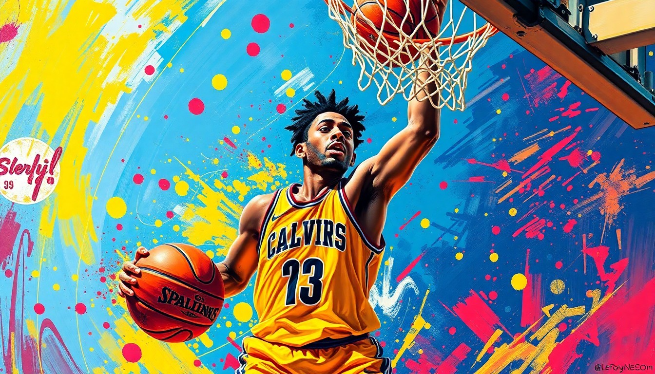 An abstract, expressionist painting in neon colors depicting the explosive energy and scoring prowess of a young basketball player driving to the hoop, with the player