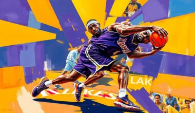 A fragmented, geometric painting depicting a basketball player in motion, with sharp planes of purple and gold representing the Lakers