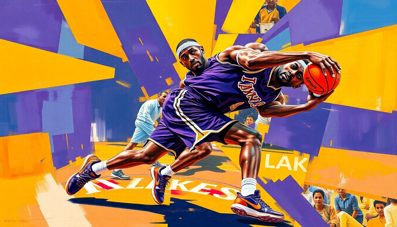 A fragmented, geometric painting depicting a basketball player in motion, with sharp planes of purple and gold representing the Lakers