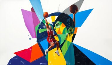 A fragmented, cubist-style painting depicting the climactic moments of a basketball game, with sharp geometric shapes in the team colors of the Sacramento Kings and New Orleans Pelicans overlapping to represent the intense action on the court.
