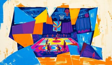 A fragmented, geometric painting in bold, clashing colors that deconstructs a basketball player