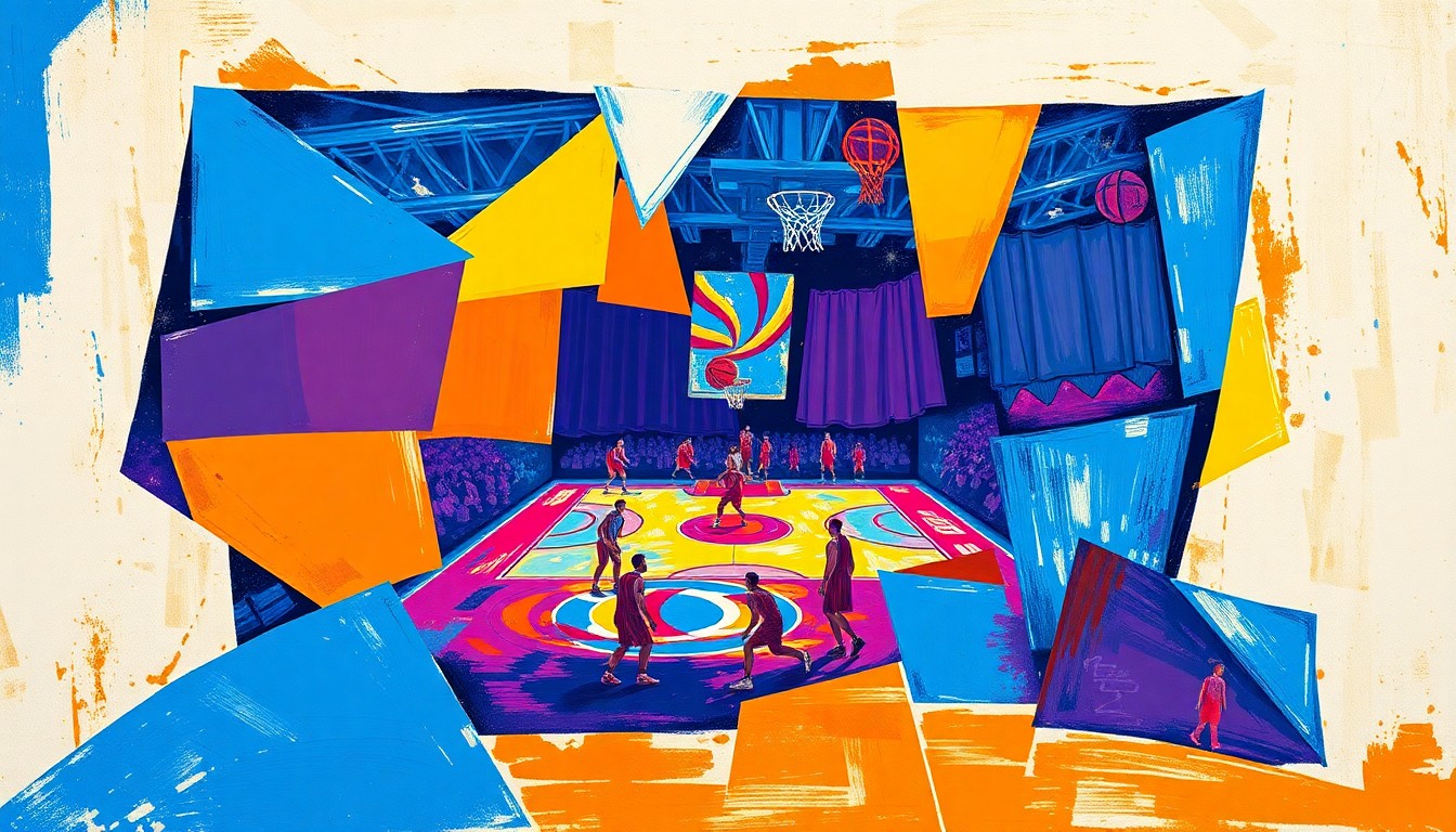 A fragmented, geometric painting in bold, clashing colors that deconstructs a basketball player