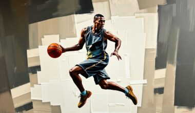 A cubist-style painting depicting a basketball player in mid-motion, their form broken down into sharp, overlapping geometric shapes that convey a sense of raw athletic energy and movement.