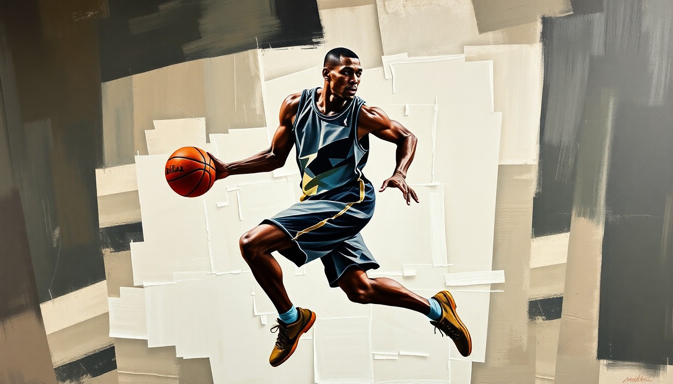 A cubist-style painting depicting a basketball player in mid-motion, their form broken down into sharp, overlapping geometric shapes that convey a sense of raw athletic energy and movement.