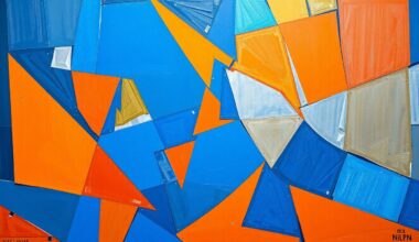 A fragmented, geometric painting depicting a basketball game in motion, with sharp planes of color and overlapping perspectives conveying the sport