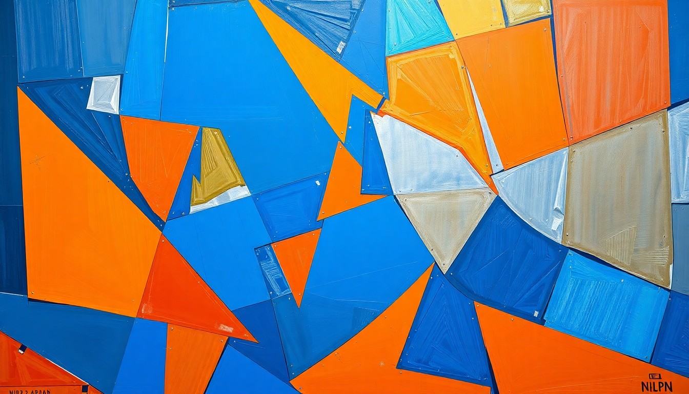 A fragmented, geometric painting depicting a basketball game in motion, with sharp planes of color and overlapping perspectives conveying the sport