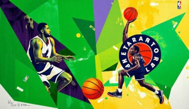 A cubist-style painting depicting a basketball game between the Boston Celtics and Toronto Raptors, with the players