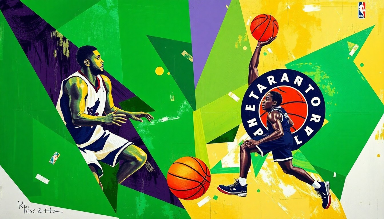 A cubist-style painting depicting a basketball game between the Boston Celtics and Toronto Raptors, with the players