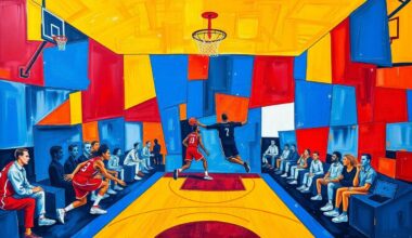 A dynamic, cubist-inspired illustration depicting the fast-paced action of a basketball game, with players and the court broken down into sharp, overlapping geometric shapes in a vibrant color palette, capturing the energy and intensity of the matchup.
