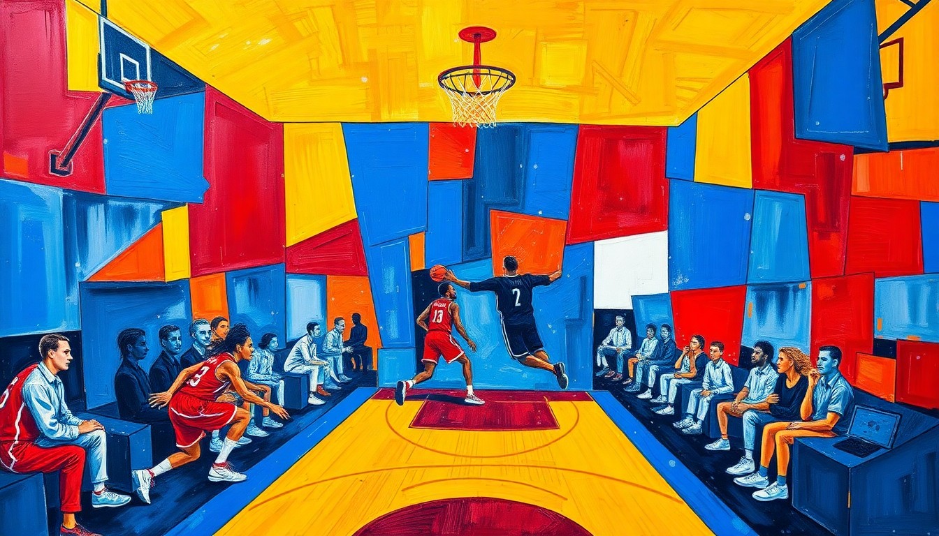 A dynamic, cubist-inspired illustration depicting the fast-paced action of a basketball game, with players and the court broken down into sharp, overlapping geometric shapes in a vibrant color palette, capturing the energy and intensity of the matchup.