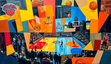 A cubist-style painting depicting a basketball game between the New York Knicks and Atlanta Hawks, with the players and court broken down into sharp, overlapping geometric shapes and planes of color.