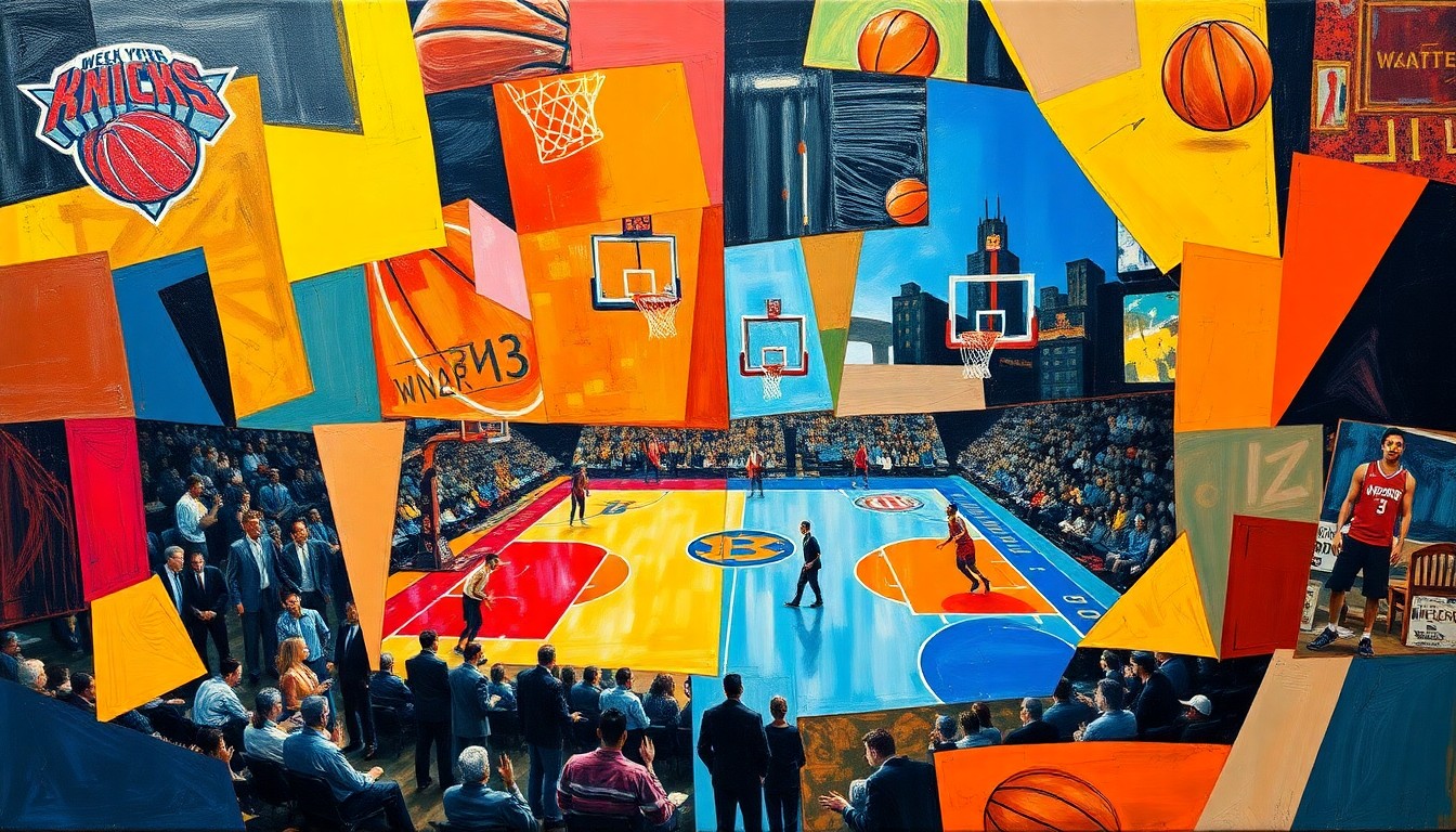 A cubist-style painting depicting a basketball game between the New York Knicks and Atlanta Hawks, with the players and court broken down into sharp, overlapping geometric shapes and planes of color.