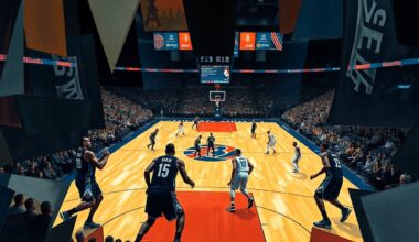 A cubist-style painting depicting a basketball game between the Denver Nuggets and Portland Trail Blazers, with the players