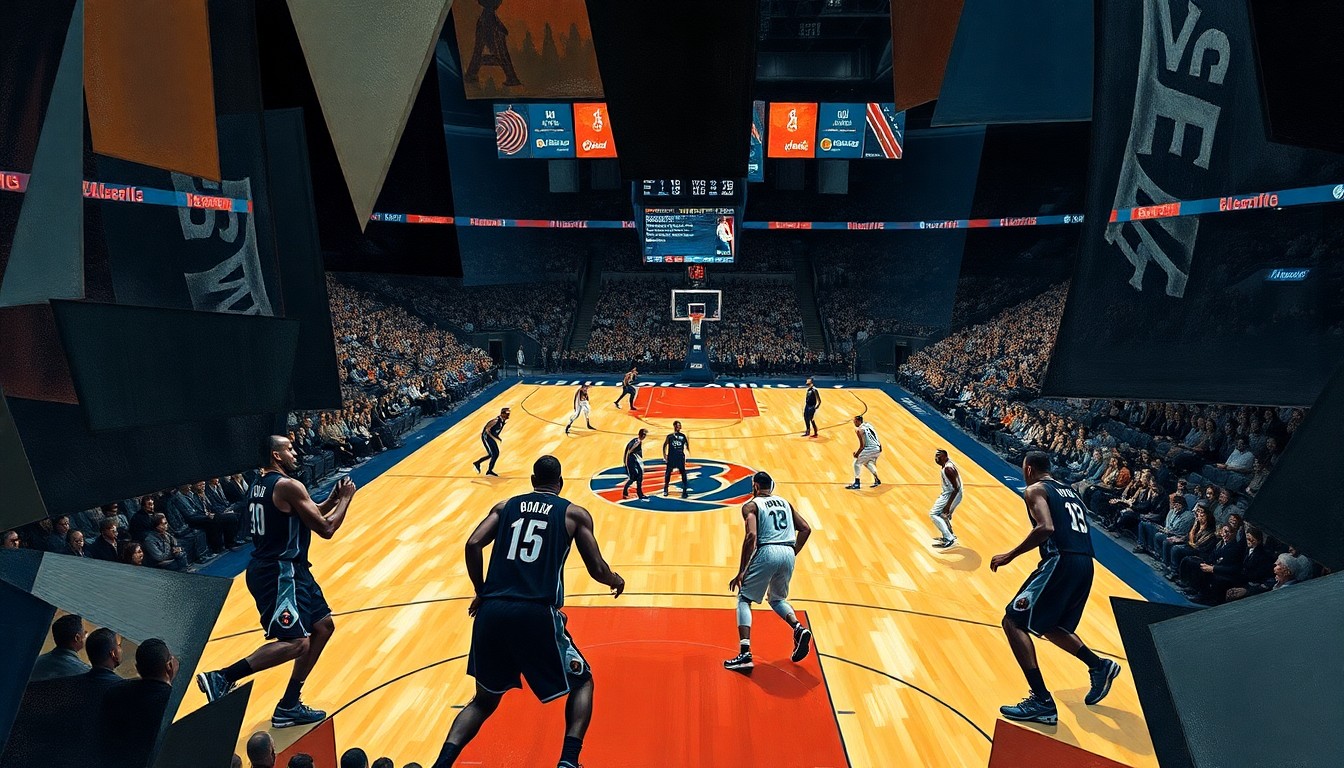 A cubist-style painting depicting a basketball game between the Denver Nuggets and Portland Trail Blazers, with the players