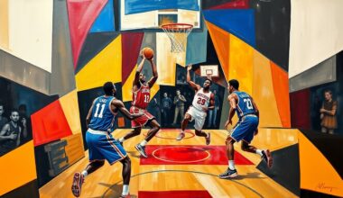 An abstract, cubist-style painting depicting the dynamic action of a basketball game between the Atlanta Hawks and New York Knicks, with the players