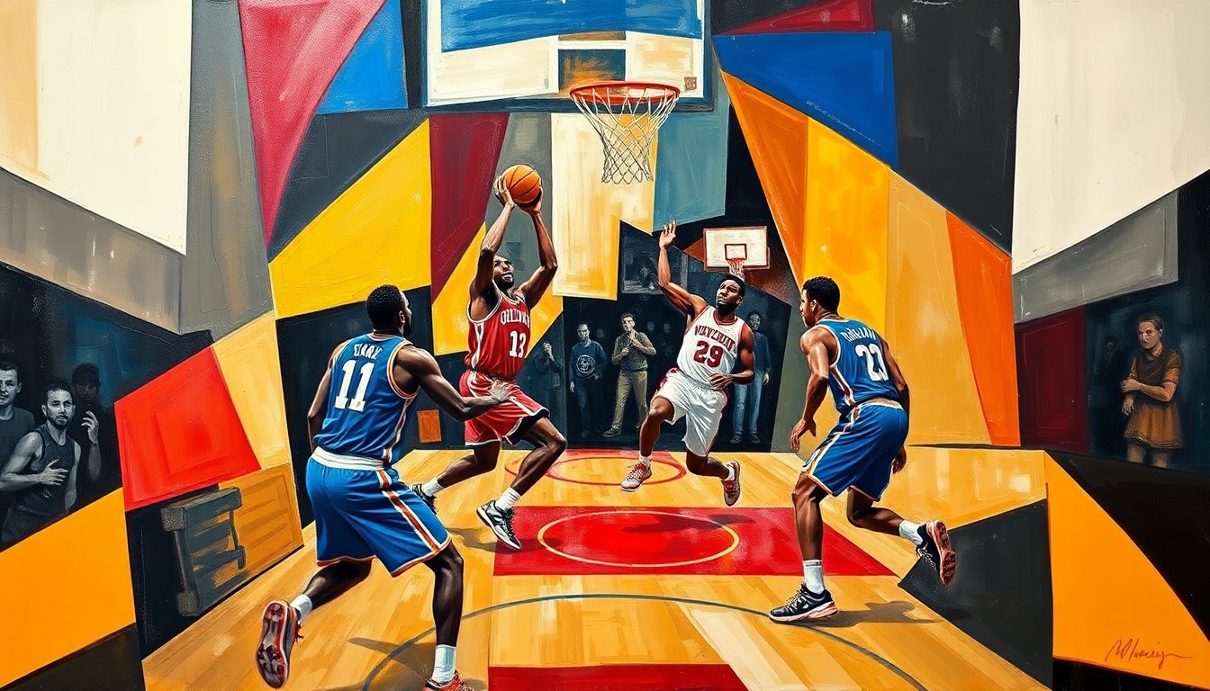 An abstract, cubist-style painting depicting the dynamic action of a basketball game between the Atlanta Hawks and New York Knicks, with the players