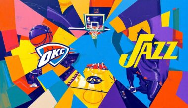 A fractured, cubist-style painting depicting a basketball game between the Oklahoma City Thunder and Utah Jazz, with sharp geometric shapes and planes of vibrant blue, orange, purple, and gold colors creating a dynamic, kinetic visual representation of the action on the court.