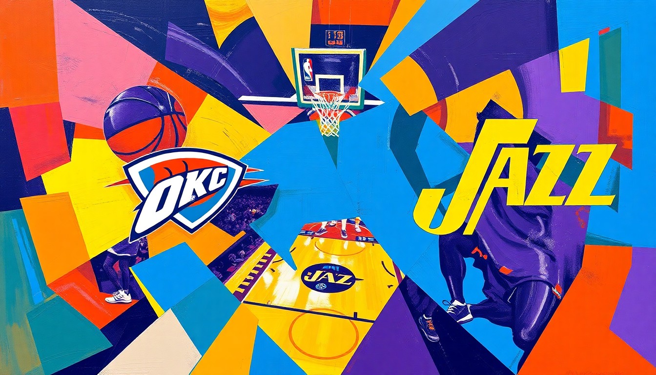 A fractured, cubist-style painting depicting a basketball game between the Oklahoma City Thunder and Utah Jazz, with sharp geometric shapes and planes of vibrant blue, orange, purple, and gold colors creating a dynamic, kinetic visual representation of the action on the court.