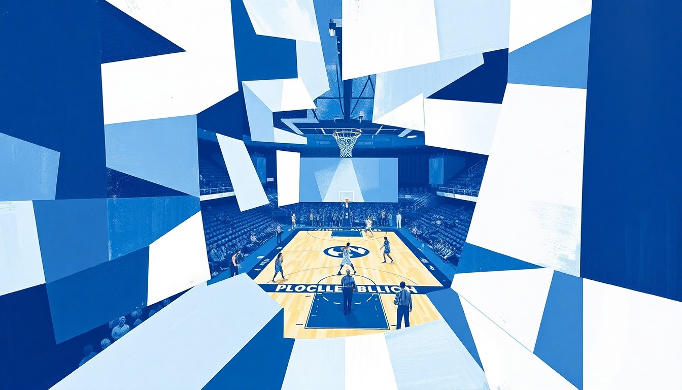 A cubist, geometric painting depicting a fragmented basketball game, with sharp, overlapping planes of light blue, white, and navy colors representing the University of North Carolina
