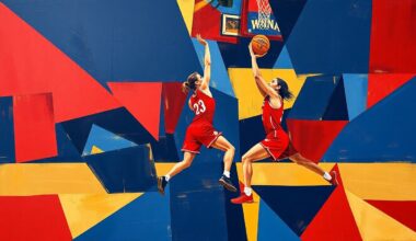 A cubist, geometric painting depicting fragmented basketball players and court elements in a palette of navy, red, and gold, conveying the strategic changes within the Mystics organization.