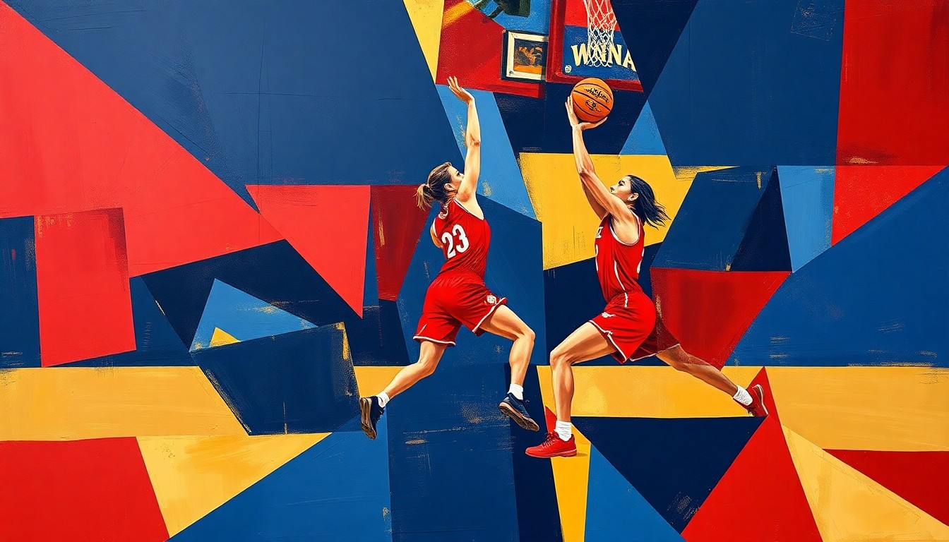A cubist, geometric painting depicting fragmented basketball players and court elements in a palette of navy, red, and gold, conveying the strategic changes within the Mystics organization.