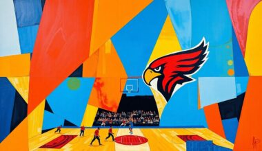 A fragmented, multi-angled painting in bold, clashing colors that captures the intensity and energy of a Knicks vs Hawks basketball game through a cubist lens, with the players