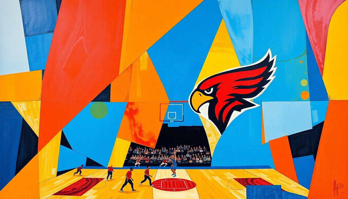 A fragmented, multi-angled painting in bold, clashing colors that captures the intensity and energy of a Knicks vs Hawks basketball game through a cubist lens, with the players