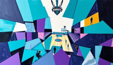 A cubist, geometric painting featuring overlapping planes of teal, purple, and white, conceptually representing the energy and excitement surrounding the Hornets