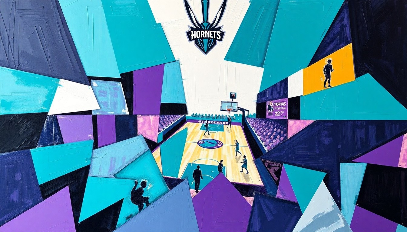 A cubist, geometric painting featuring overlapping planes of teal, purple, and white, conceptually representing the energy and excitement surrounding the Hornets