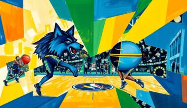 A fractured, multi-perspective painting in bold, overlapping geometric shapes and planes of blue, green, and gold, conceptually representing the competitive clash between the Minnesota Timberwolves and Indiana Pacers.