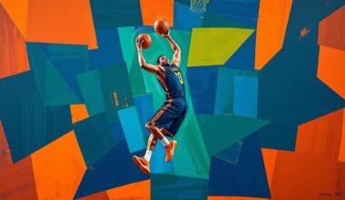 A fragmented, geometric painting depicting a basketball player in motion, with sharp, overlapping shapes and vibrant colors that convey the sport