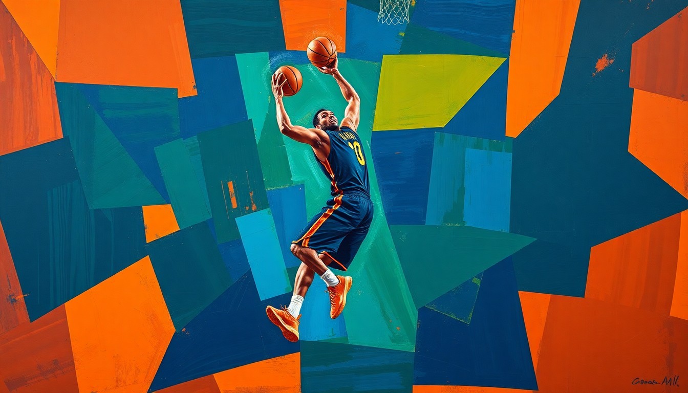 A fragmented, geometric painting depicting a basketball player in motion, with sharp, overlapping shapes and vibrant colors that convey the sport