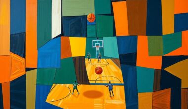 A cubist, geometric painting depicting a fragmented basketball court and players, with sharp, overlapping shapes in navy, green, and orange, conveying the disruption caused by the Bucks
