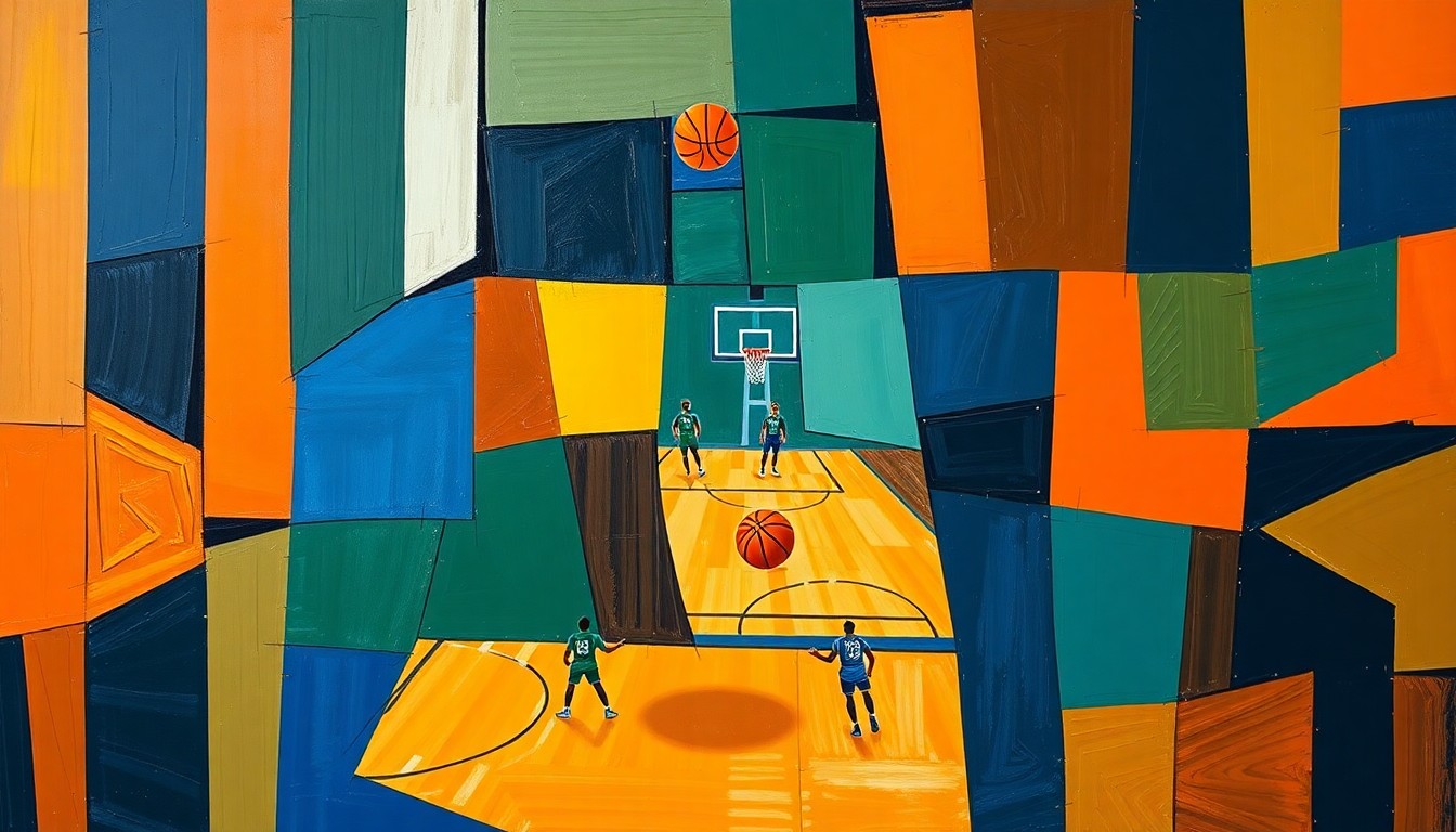 A cubist, geometric painting depicting a fragmented basketball court and players, with sharp, overlapping shapes in navy, green, and orange, conveying the disruption caused by the Bucks