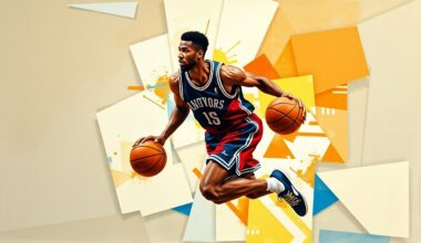 A cubist-style painting depicting a basketball player in motion, with their form broken down into sharp, overlapping geometric shapes and planes, capturing the dynamic energy of the sport.