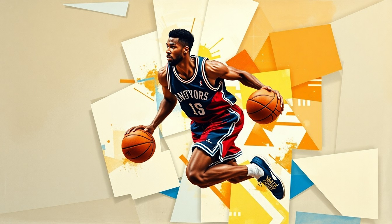 A cubist-style painting depicting a basketball player in motion, with their form broken down into sharp, overlapping geometric shapes and planes, capturing the dynamic energy of the sport.